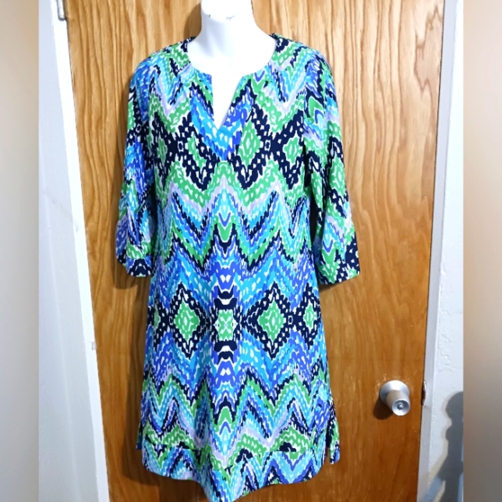 Jude Connally Megan Tunic Shift Dress Abstract Stretch Blue Size S